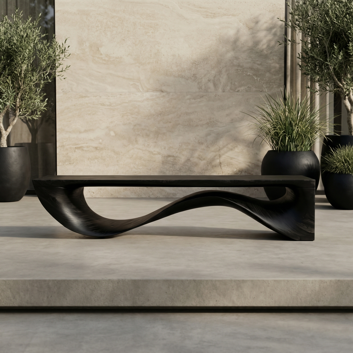 Sculptural Wave Bench Solid Wood Extended Curved Form Entryway