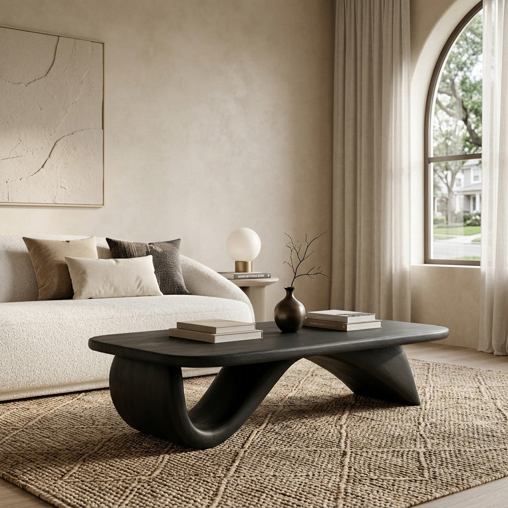 Organic Wood Coffee Table With Sculpted Curved Base For Living