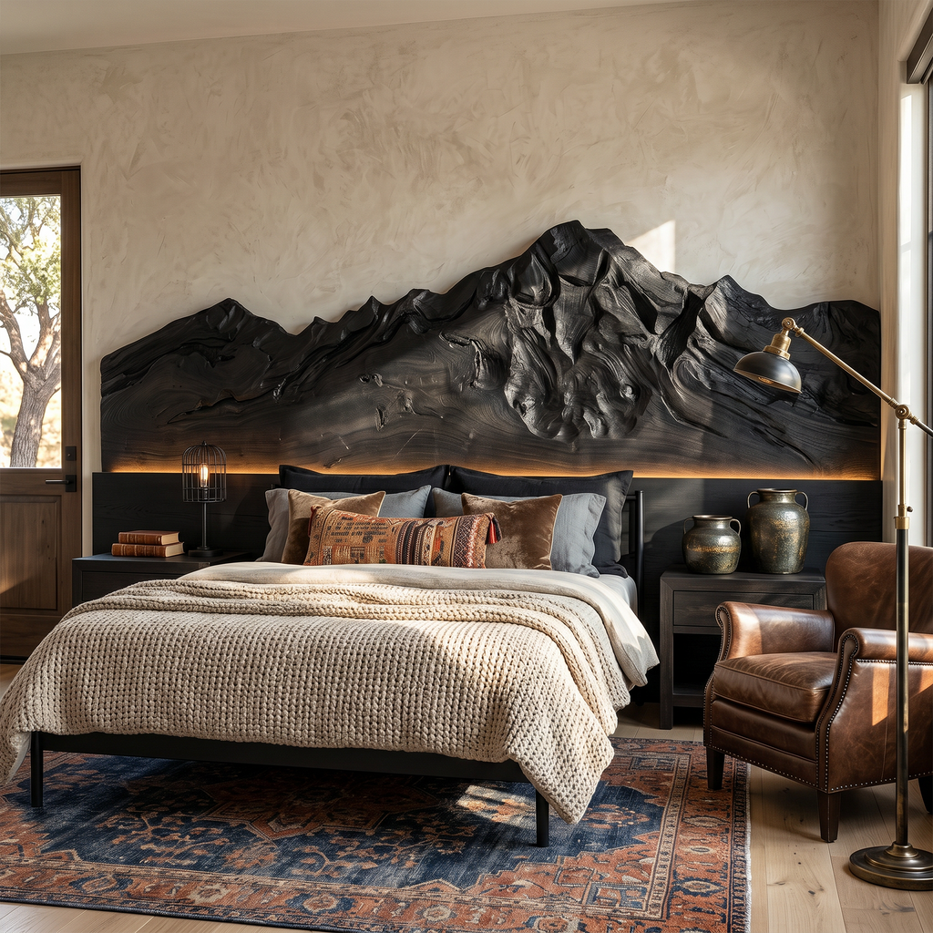 Rustic Mountain Wood Headboard For Farmhouse Bedroom Decor