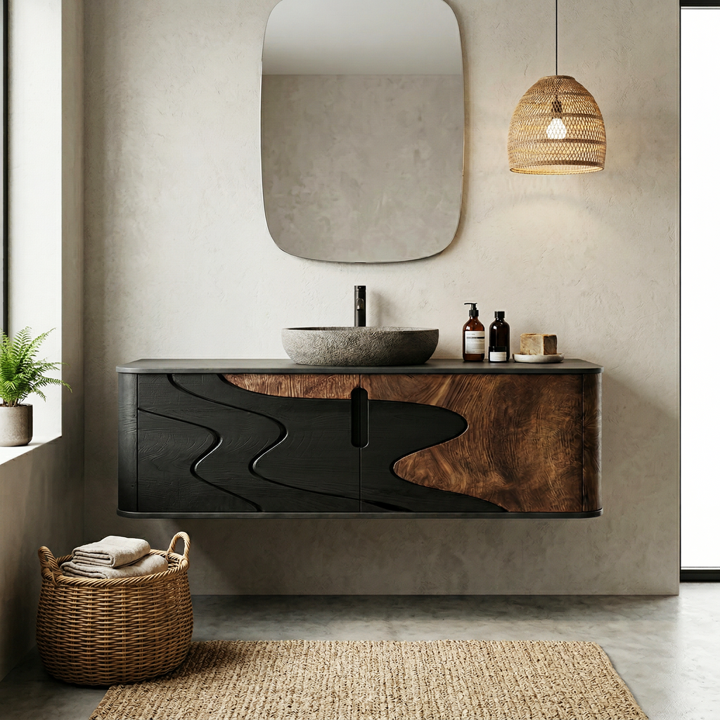 Organic Flow Bathroom Vanity Solid Wood Curved Front Storage Bathroom