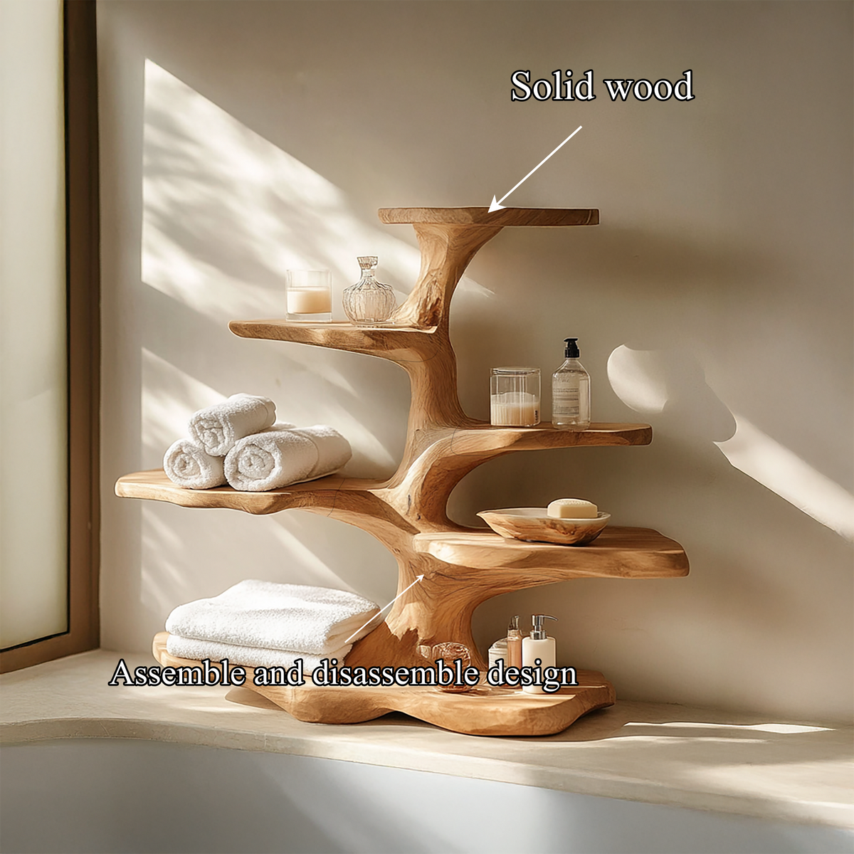Organic Freestanding Tree Shelf For Bathroom Storage And Interior Decor