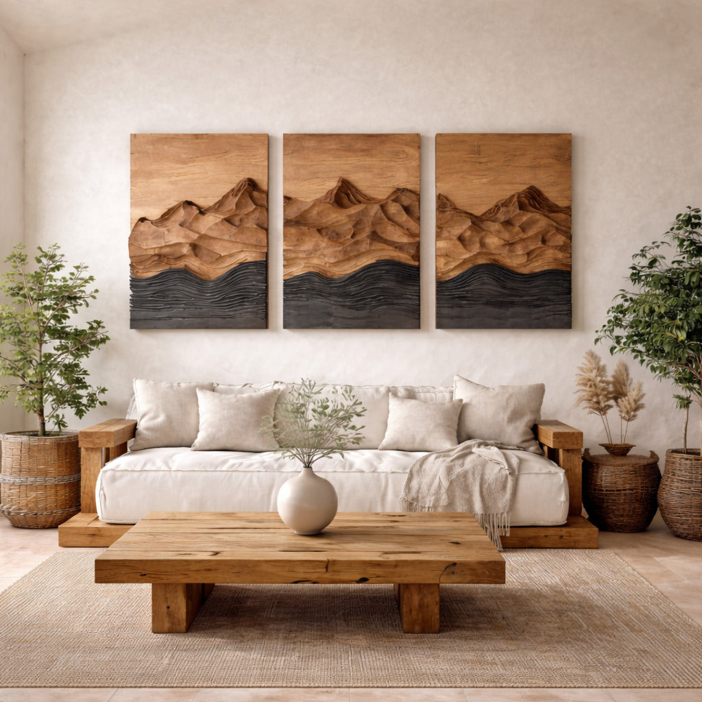 Modern Farmhouse Mountain Wood Wall Art Set For Living Room