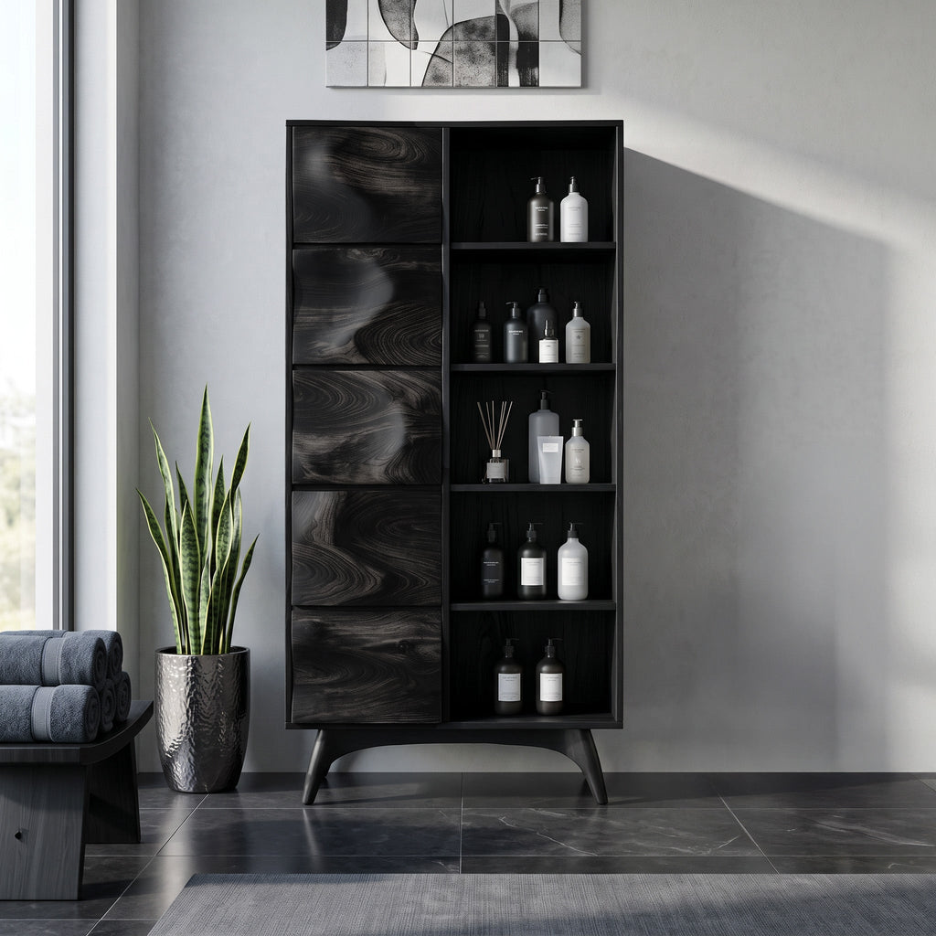 Sculpted Wood Bathroom Cabinet With Wavy Doors For Spa Decor
