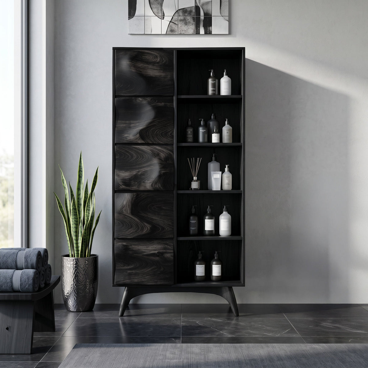 Sculpted Wood Bathroom Cabinet With Wavy Doors For Spa Decor