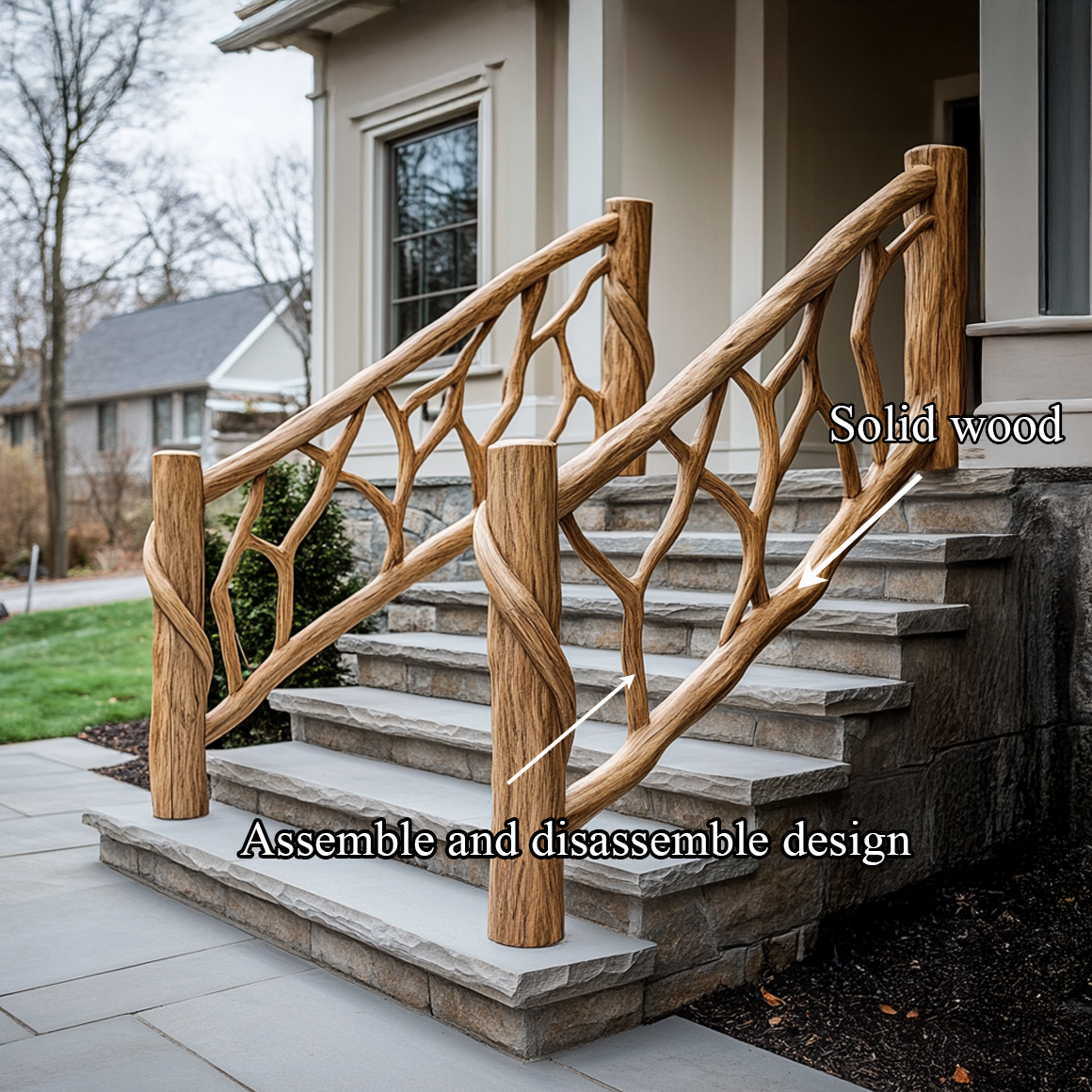 Rustic Stair Wooden Railing For Outdoor Stair Or Entryway