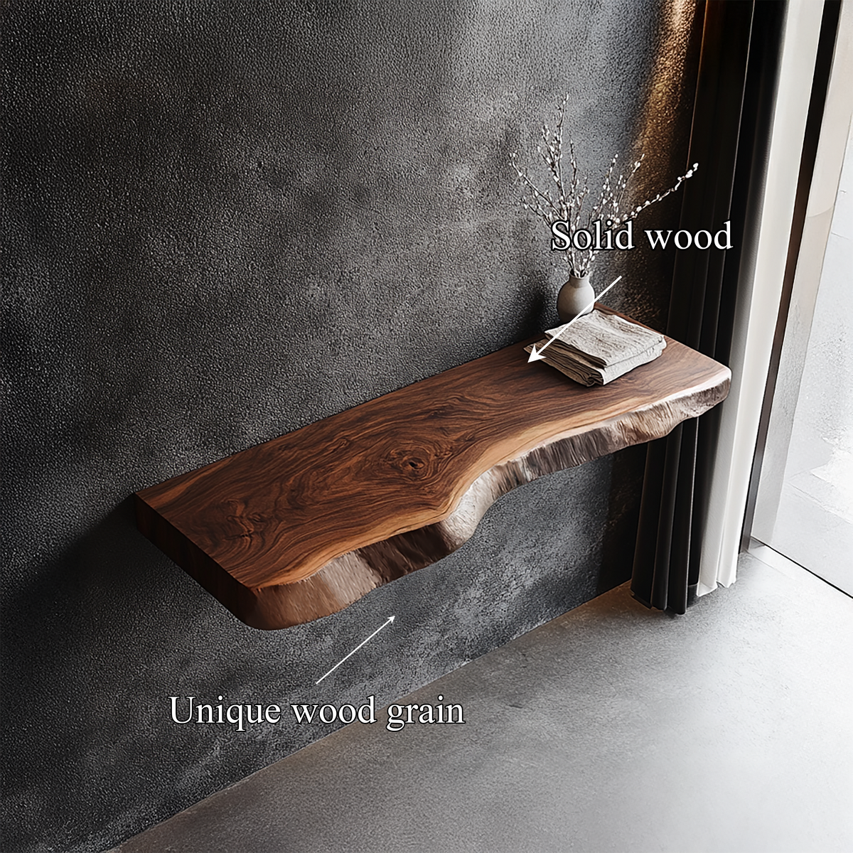Rustic Live Edge Solid Wood Floating Shelf