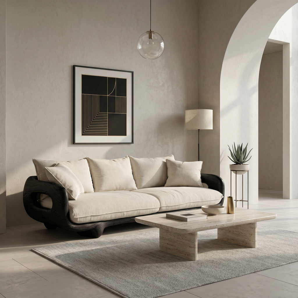Modern Farmhouse Curved Sofa With Solid Frame For Living Room