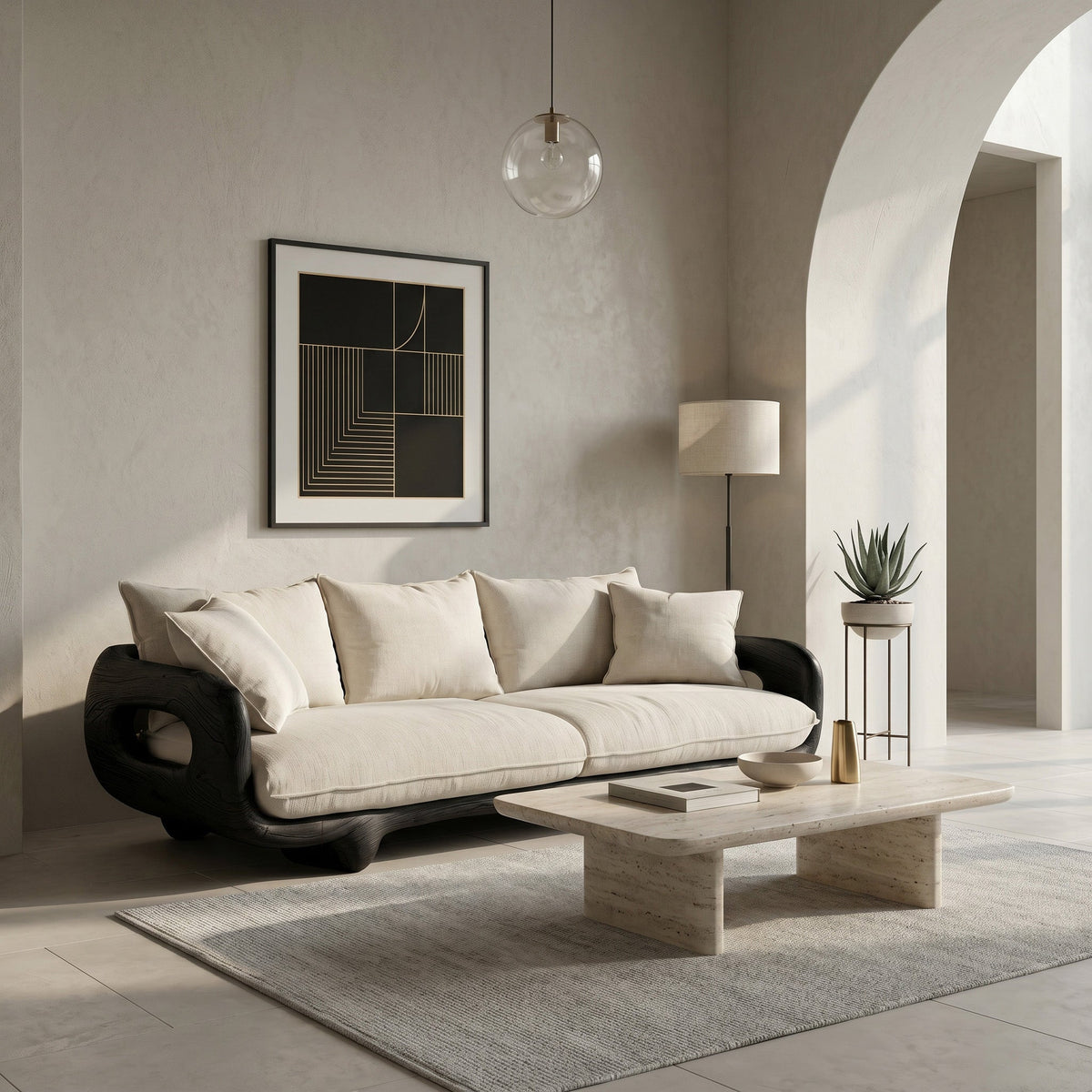 Modern Farmhouse Curved Sofa With Solid Frame For Living Room