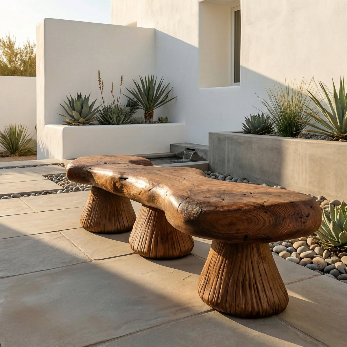 Natural Mushroom Bench Solid Wood Rustic Sculptural Design Entryway Or Garden Space