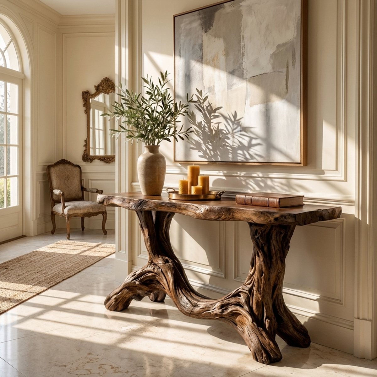 Sculptural Single Pedestal Wood Console Table