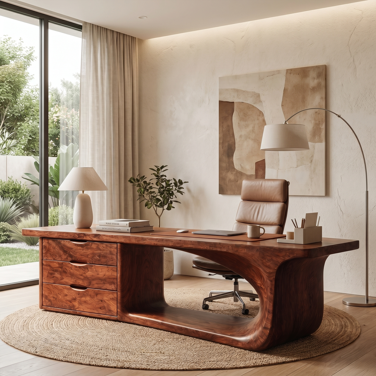 Rustic Executive Desk With Sculptural Solid Wood Base & Storage Drawers