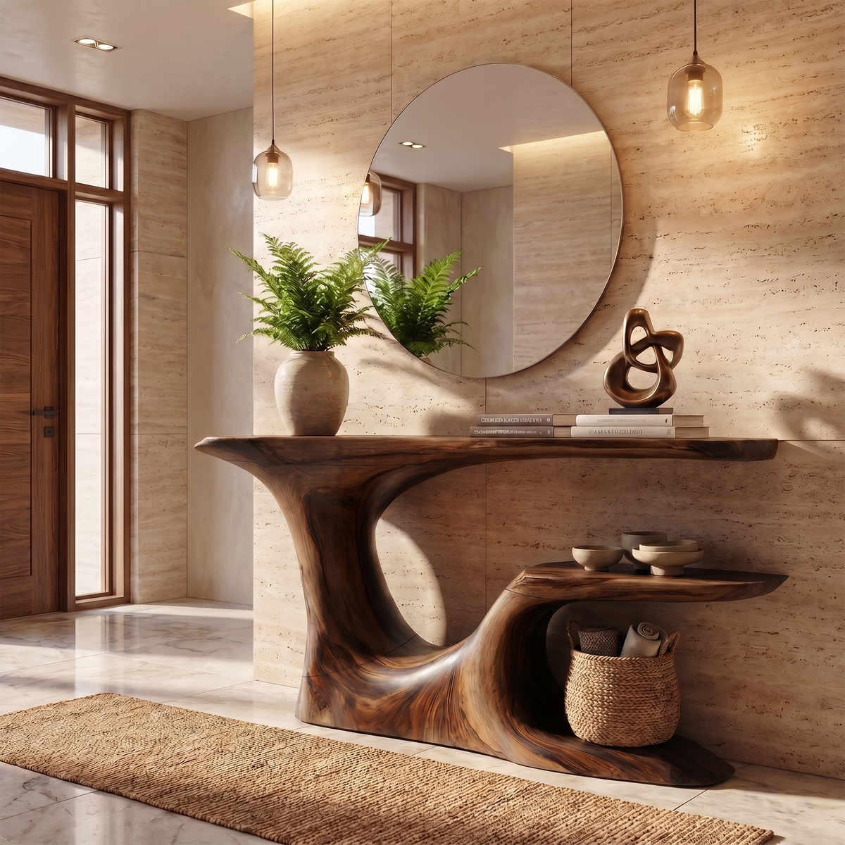 Rustic Organic Console Table With Live Edge Top & Sculptural Solid Wood Base