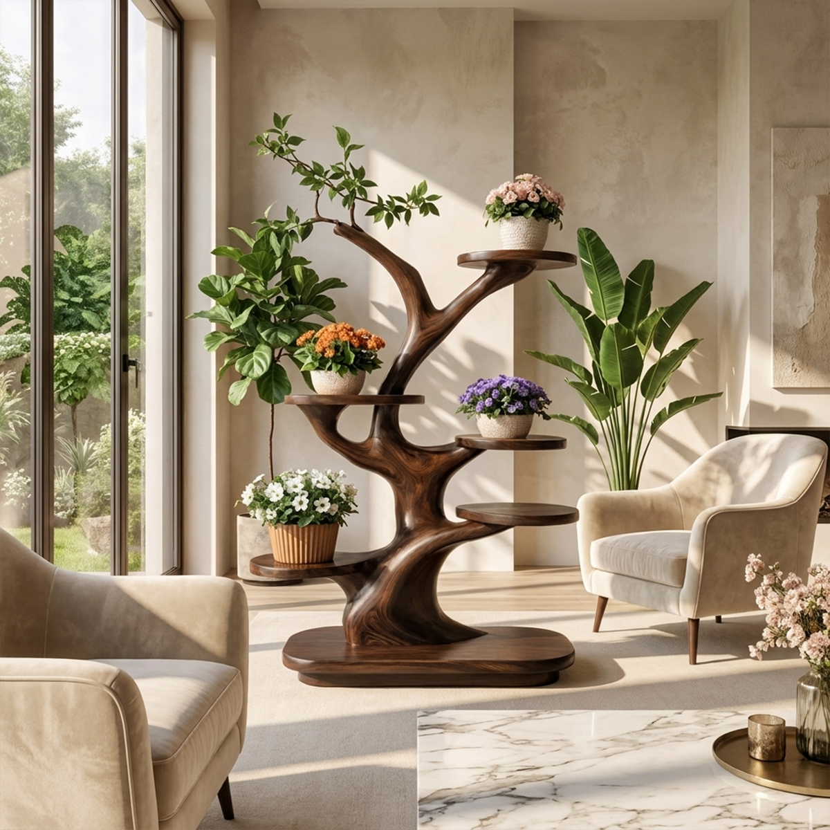 Midcentury Wooden Tree Plant Stand Home Interior