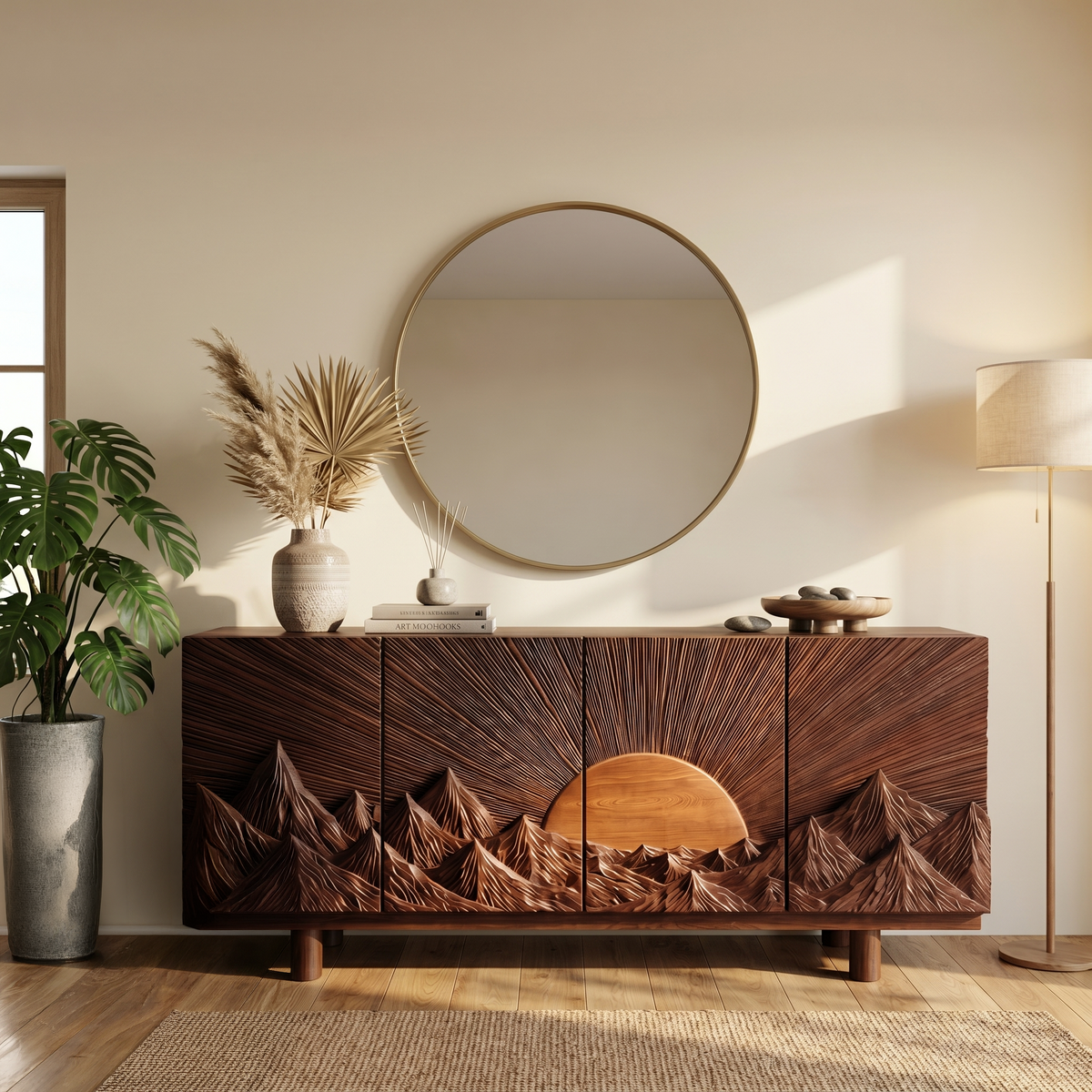 Rustic Mountain Sunrise Storage Cabinet With Carved Wood Doors