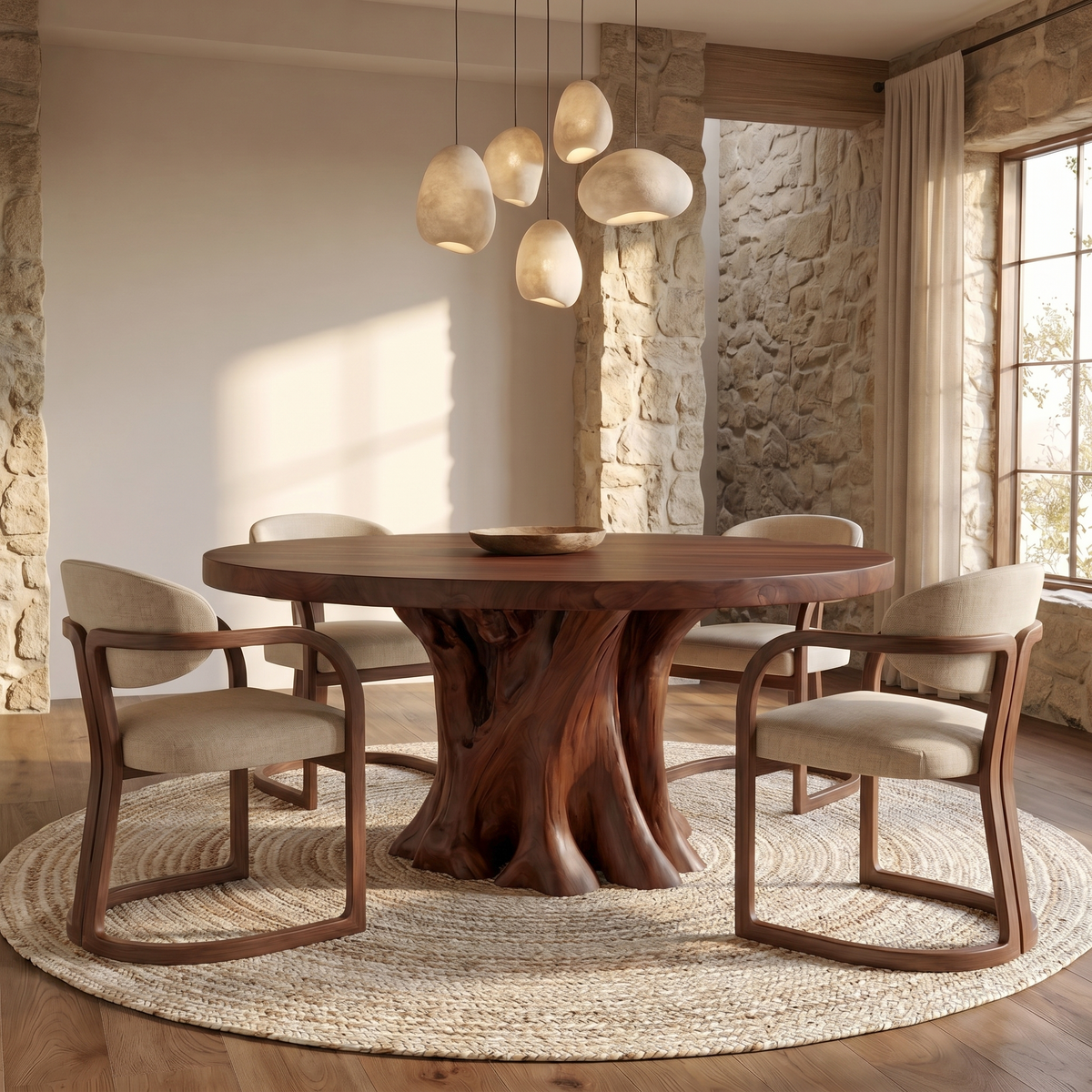 Rustic Round Dining Table With Solid Wood Sculptural Base For Dining Room