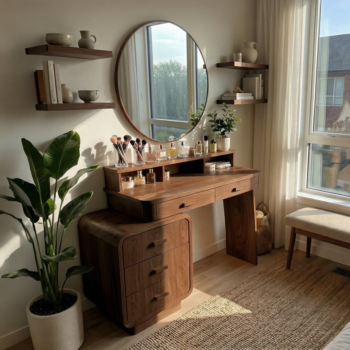Mid Century Dressing Table With Storage Cabinet Soft Rounded Design For Bedroom