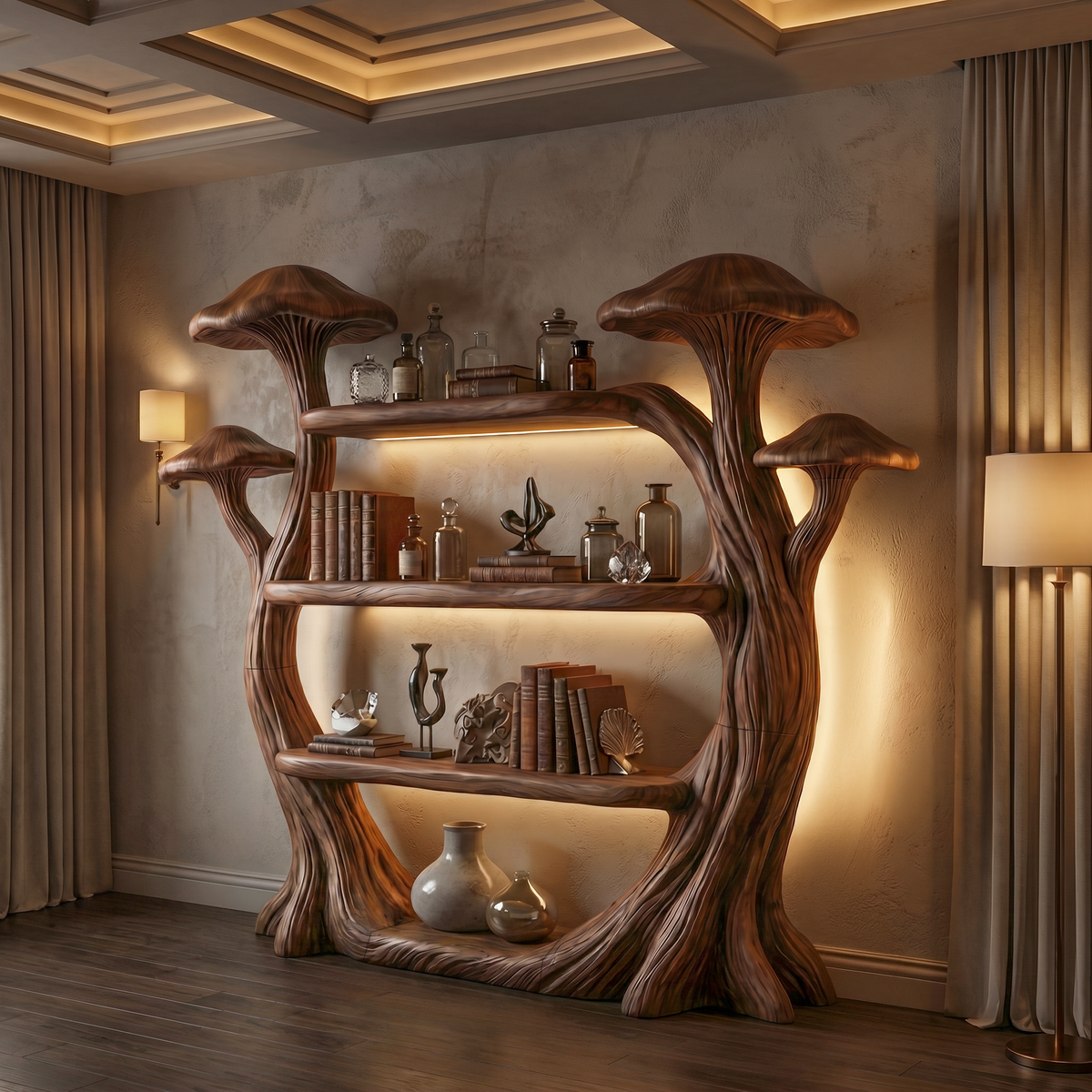 Natural Wood Mushroom Bookcase For Living Room And Reading Room