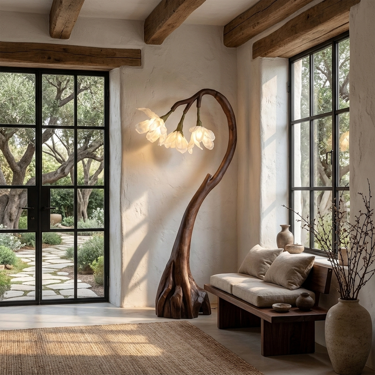 Floral Floor Lamp With Organic Wood Base