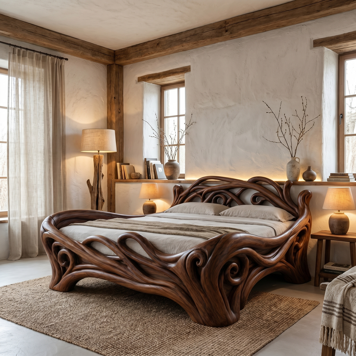 Organic Sculptural Bed Frame With Flowing Root-Inspired Wood Design