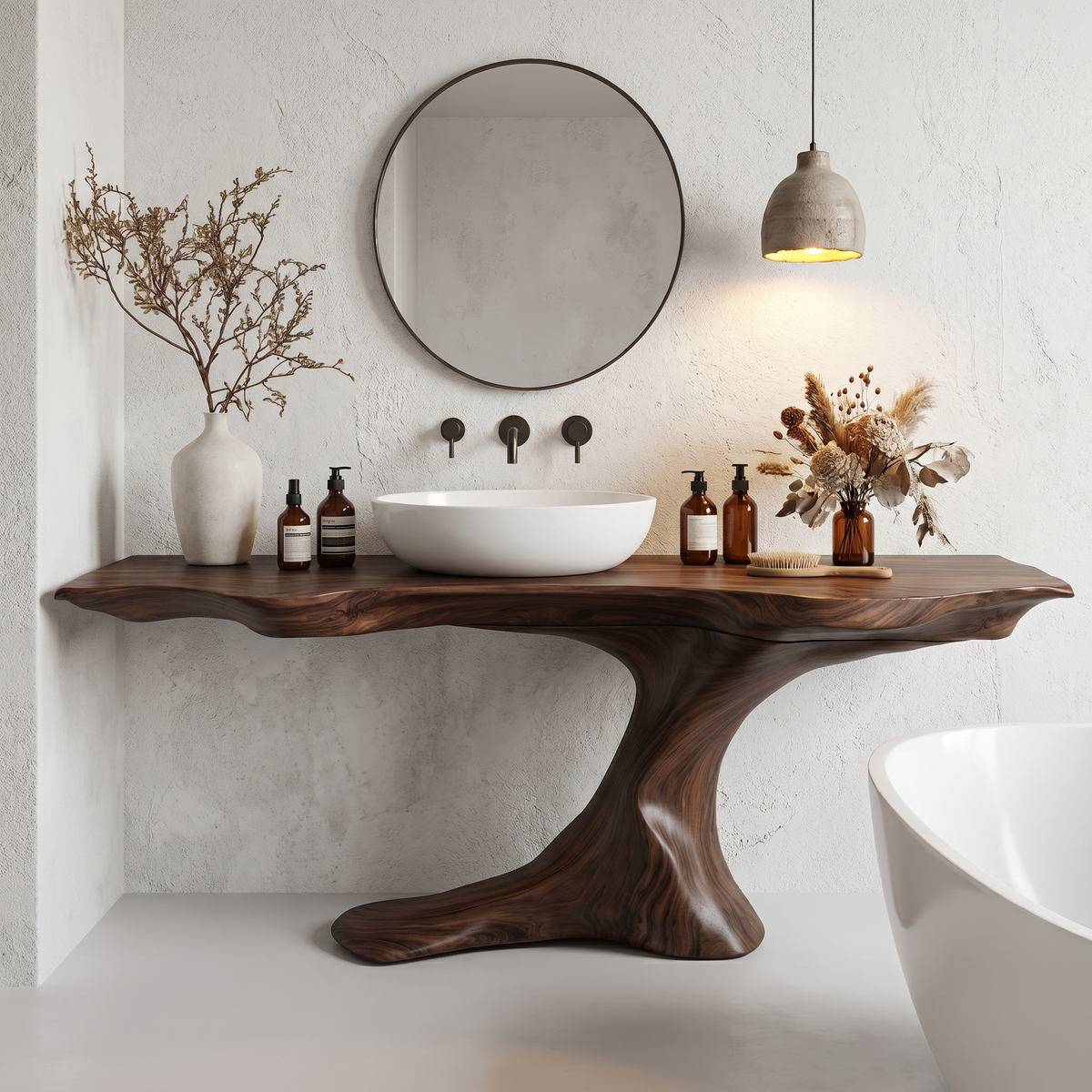 Rustic Organic Bathroom Vanity With Live Edge Countertop & Sculptural Tree Root Base