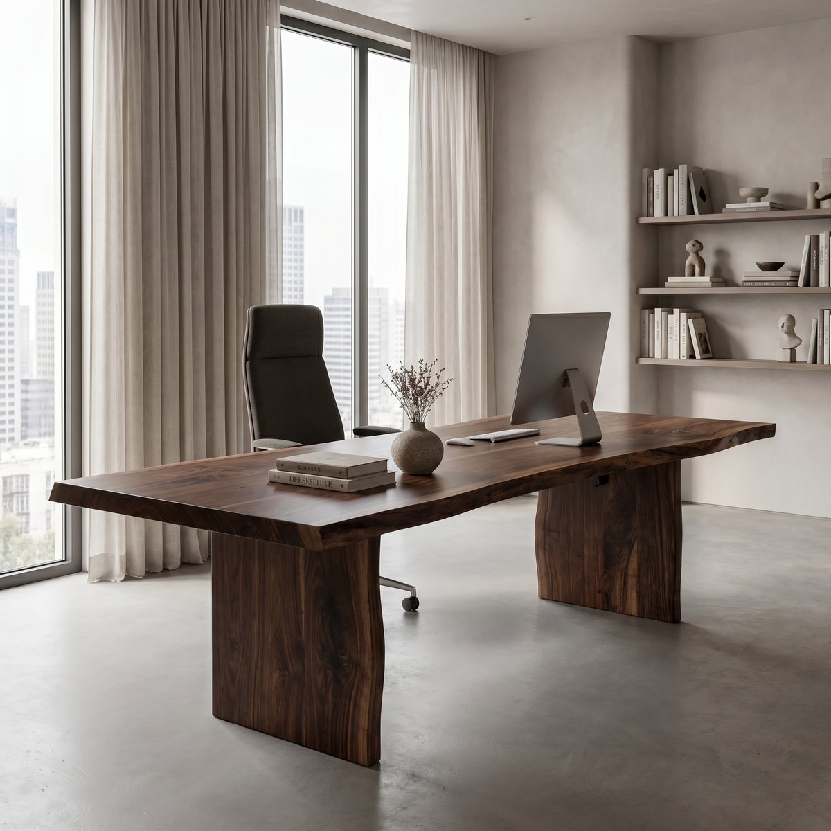 Rustic Live Edge Wooden Desk With Solid Wood Pedestal Base