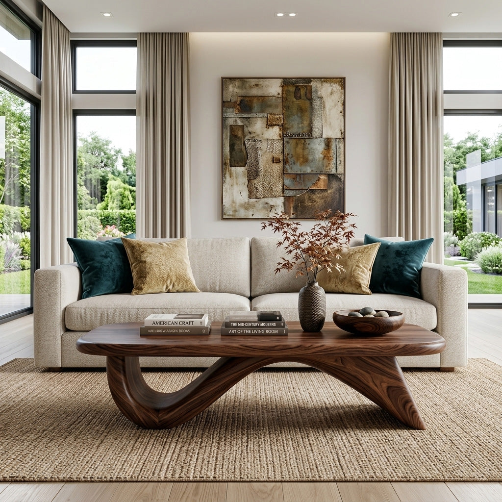 Organic Wood Coffee Table With Sculpted Curved Base For Living