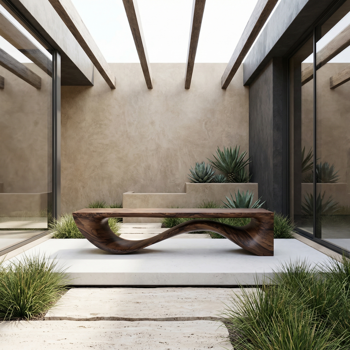 Sculptural Wave Bench Solid Wood Extended Curved Form Entryway