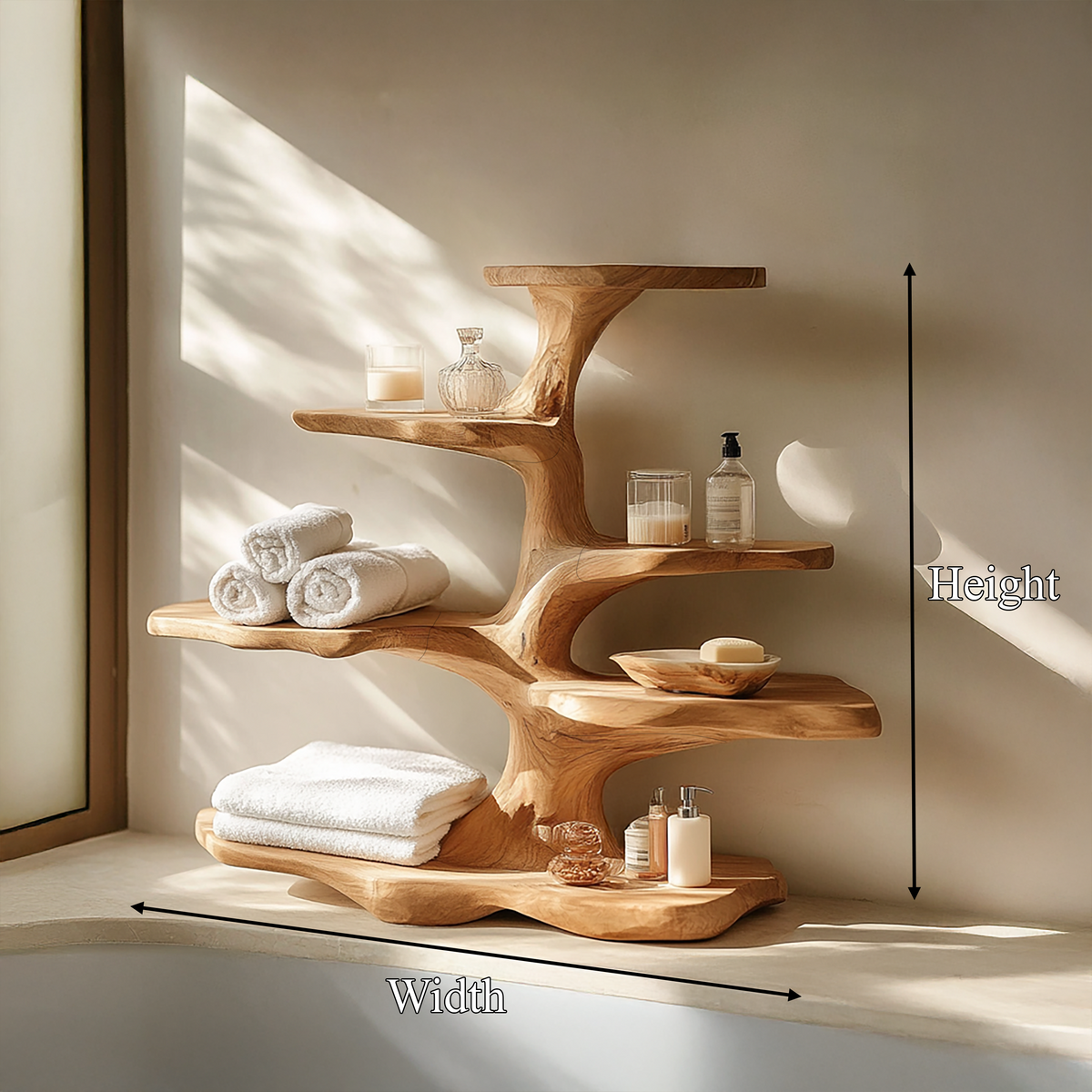 Organic Freestanding Tree Shelf For Bathroom Storage And Interior Decor