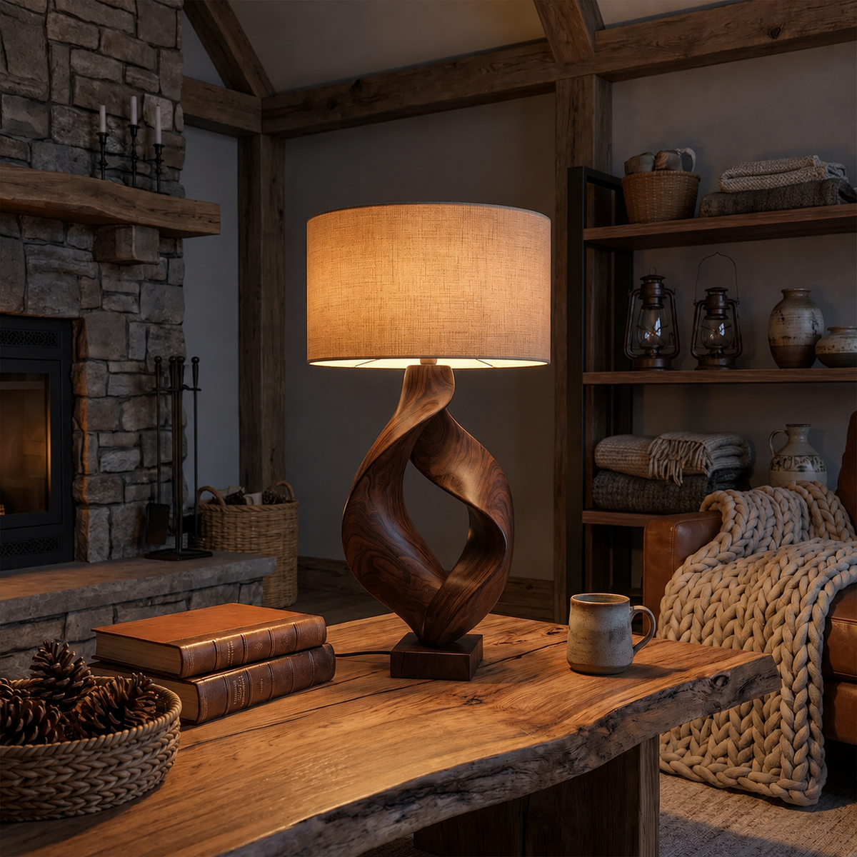 Rustic Sculptural Wood Table Lamp