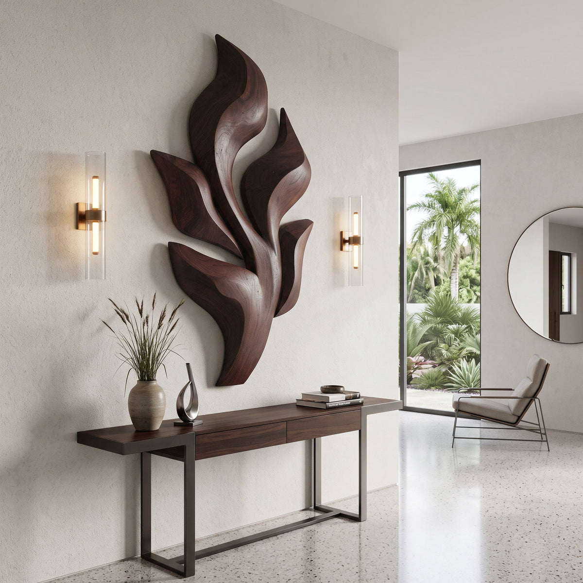Sculptural Wooden Leaf Wall Art With Warm Light For Home