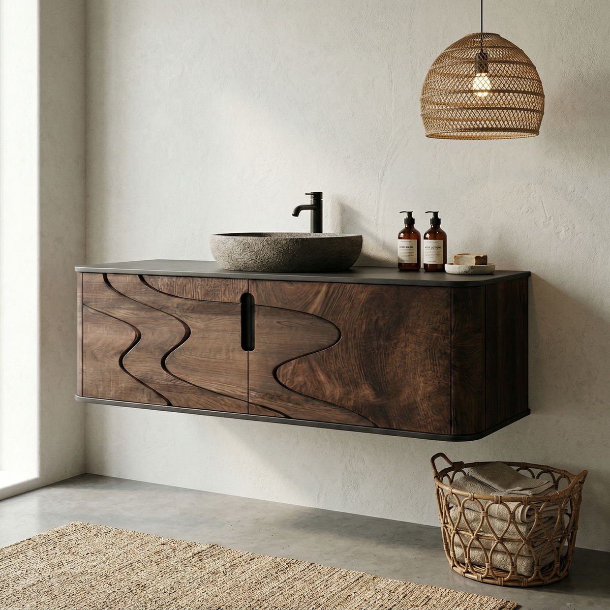 Organic Flow Bathroom Vanity Solid Wood Curved Front Storage Bathroom