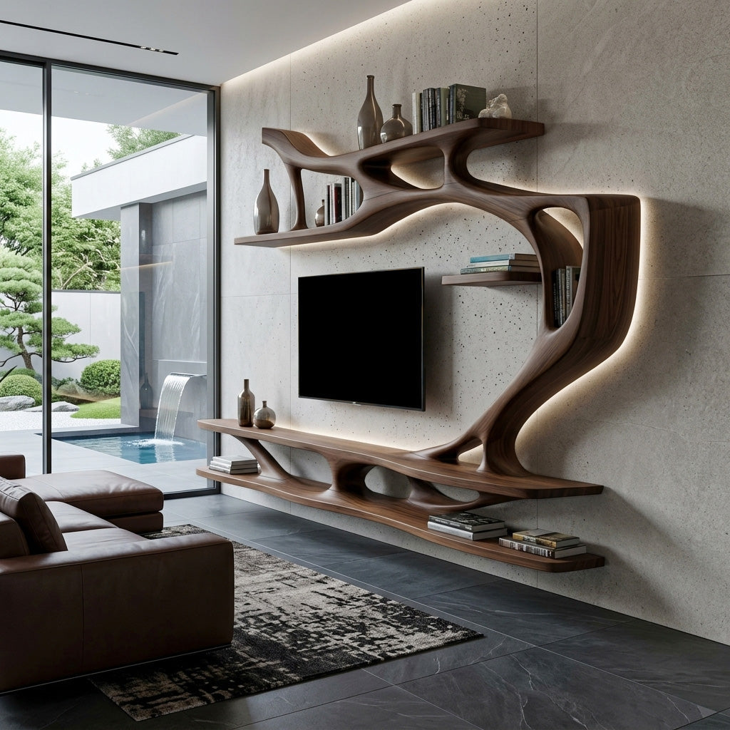 Organic Modern Sculptural Wall TV Shelf For Living Room
