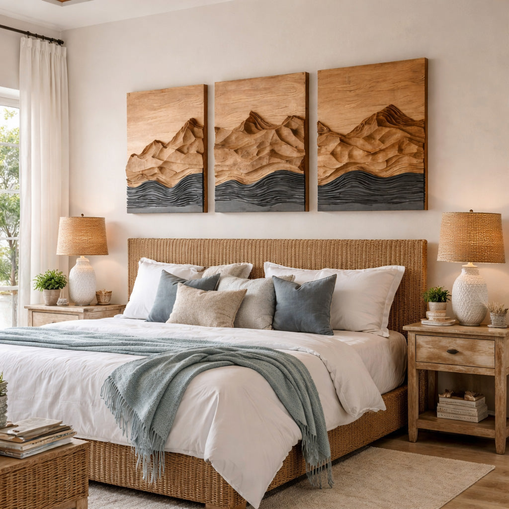 Modern Farmhouse Mountain Wood Wall Art Set For Living Room