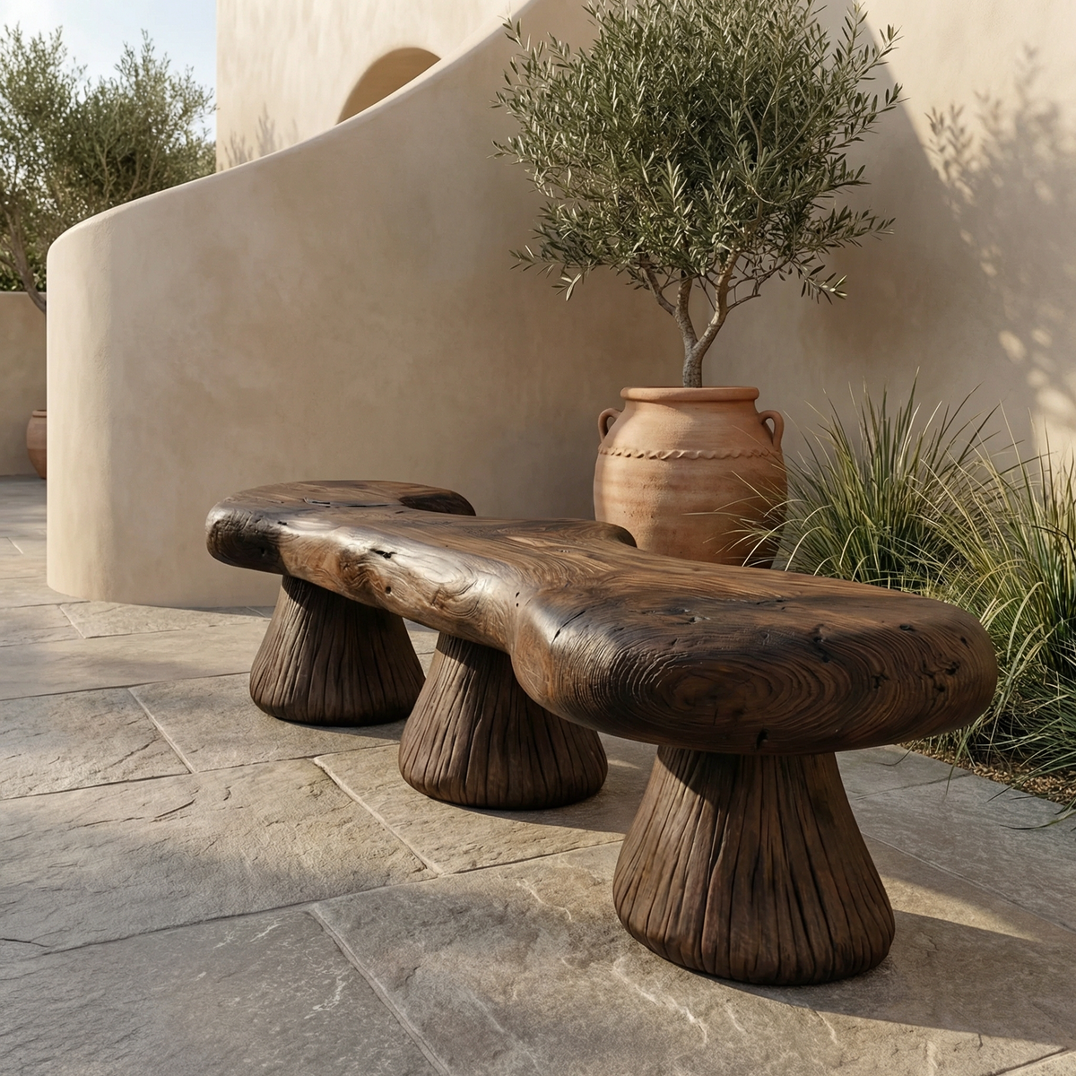 Natural Mushroom Bench Solid Wood Rustic Sculptural Design Entryway Or Garden Space