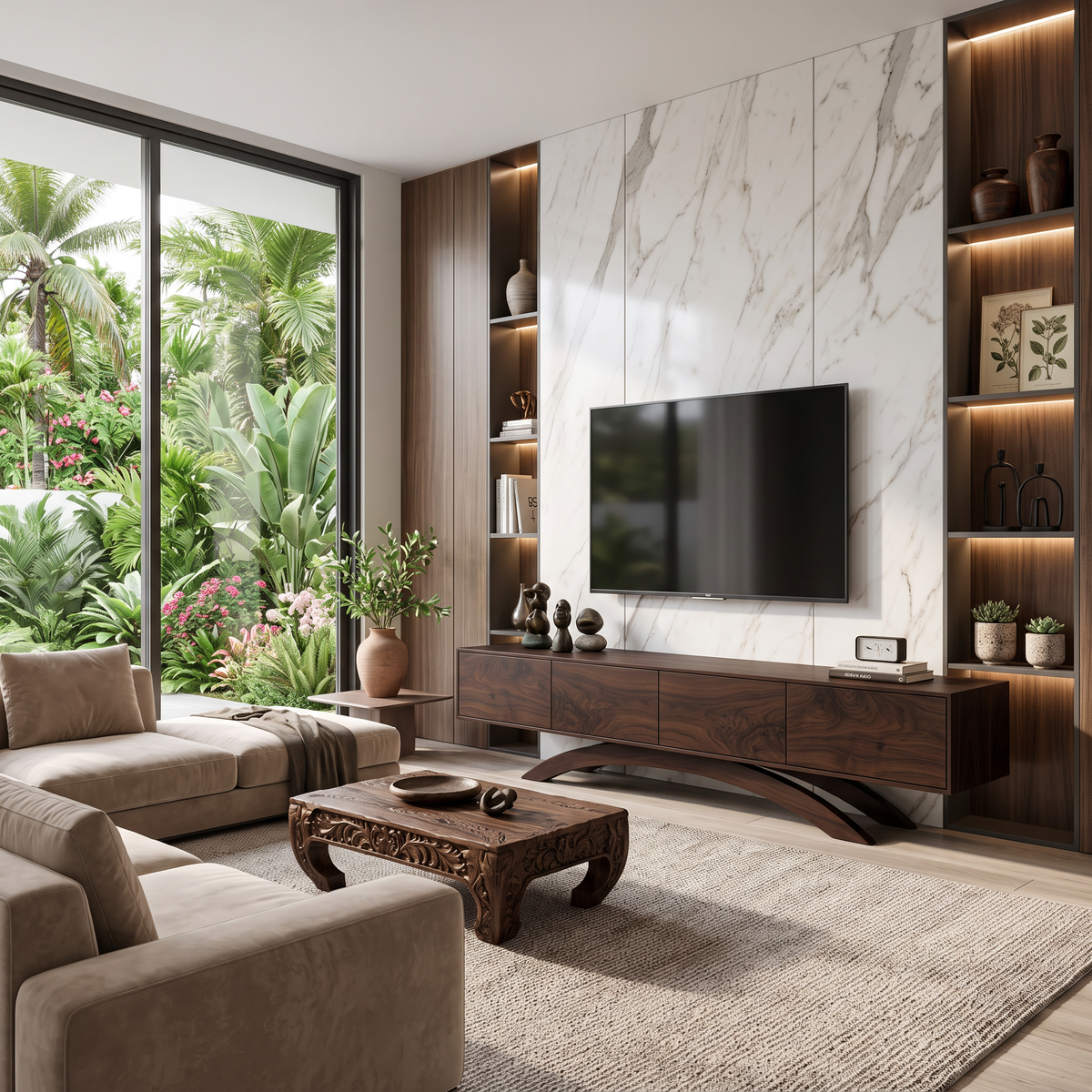 Modern Wooden TV Cabinet With Curved Base For Home Interior