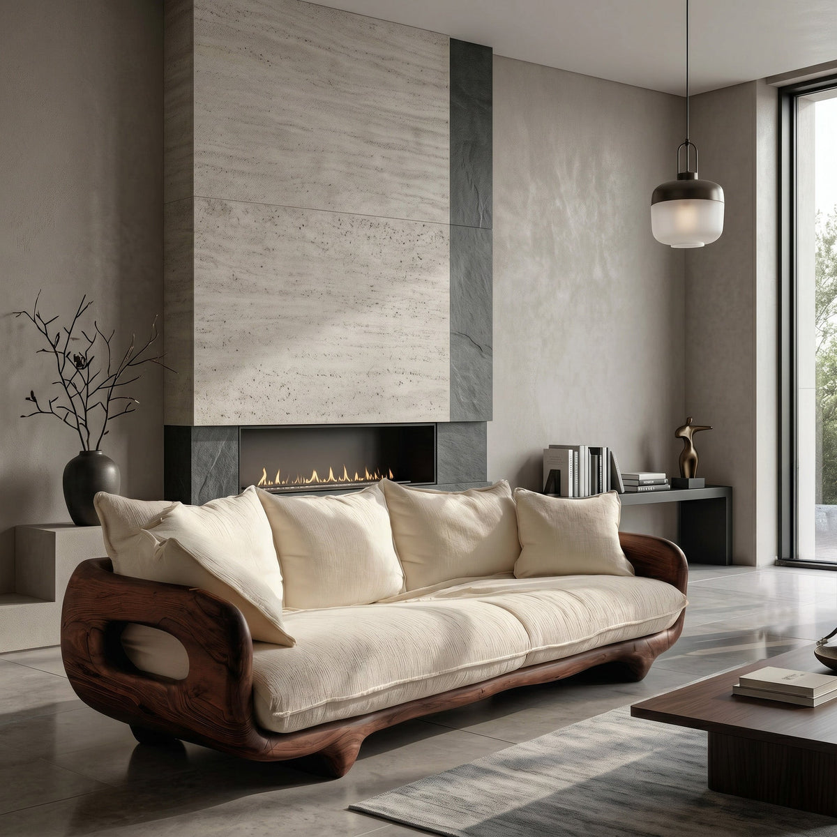 Modern Farmhouse Curved Sofa With Solid Frame For Living Room