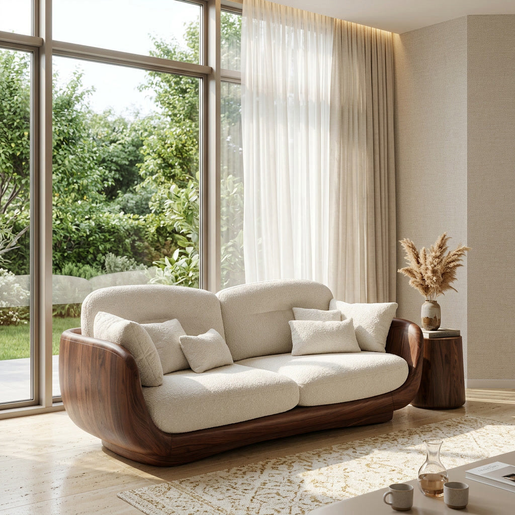 Organic Wooden Sofa With Rounded Edges For Living Room