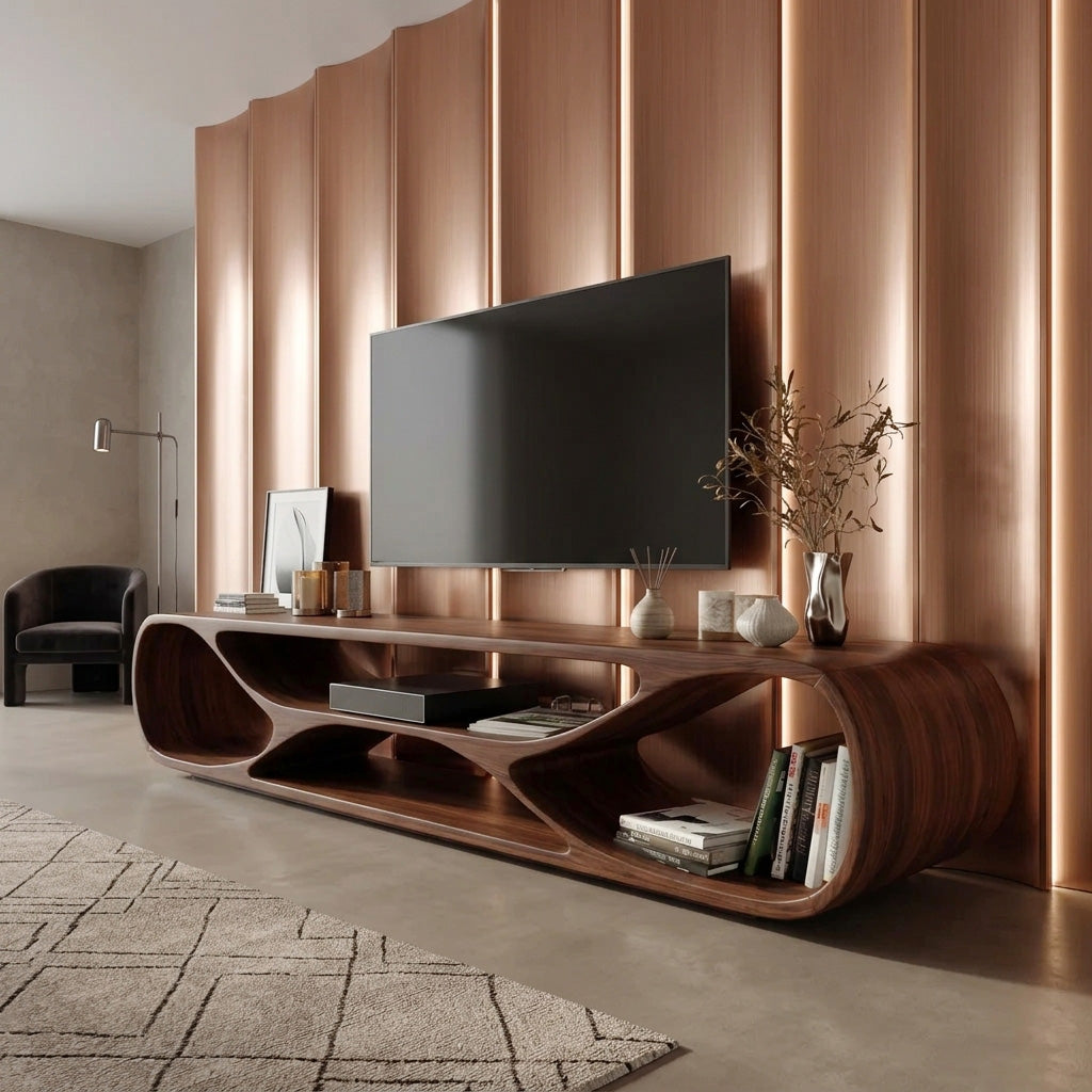 Contemporary Curved Wood TV Stand For Modern Living Room