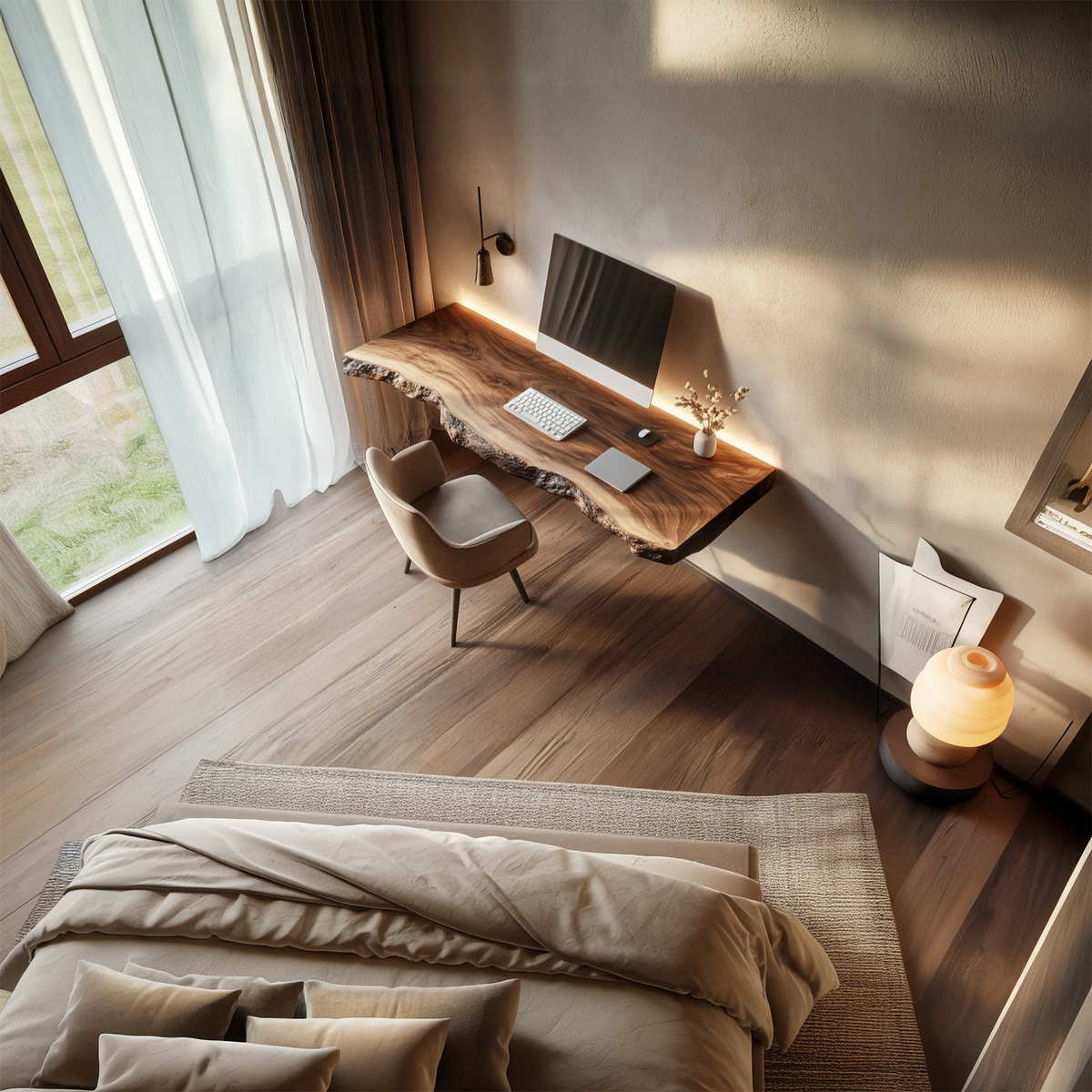 Handcrafted Floating Writing Desk Solid Wood Study Room Interior Statement Design