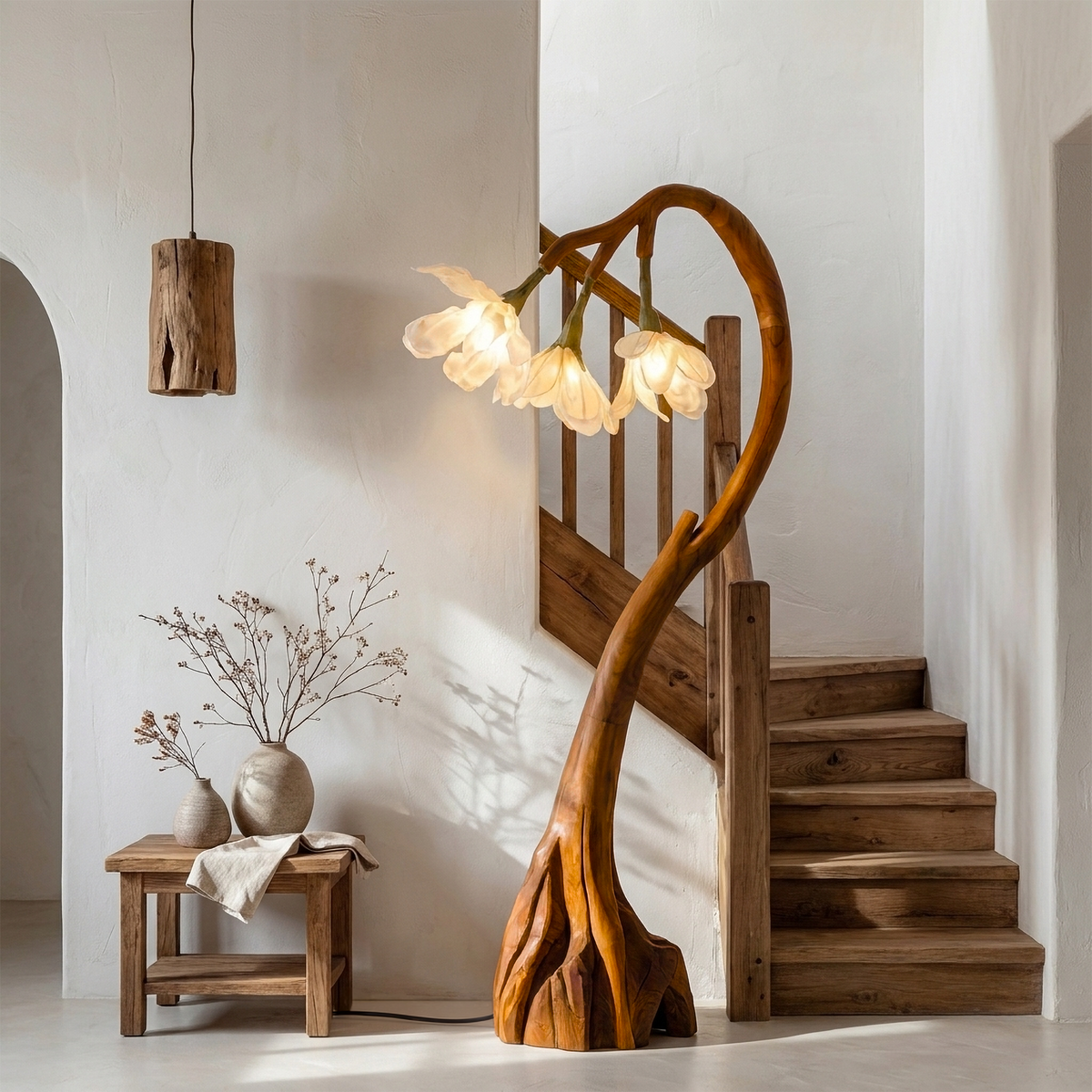 Floral Floor Lamp With Organic Wood Base