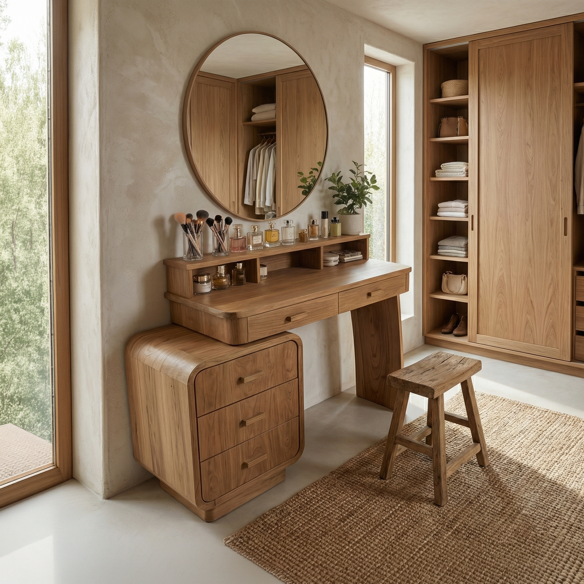 Mid Century Dressing Table With Storage Cabinet Soft Rounded Design For Bedroom