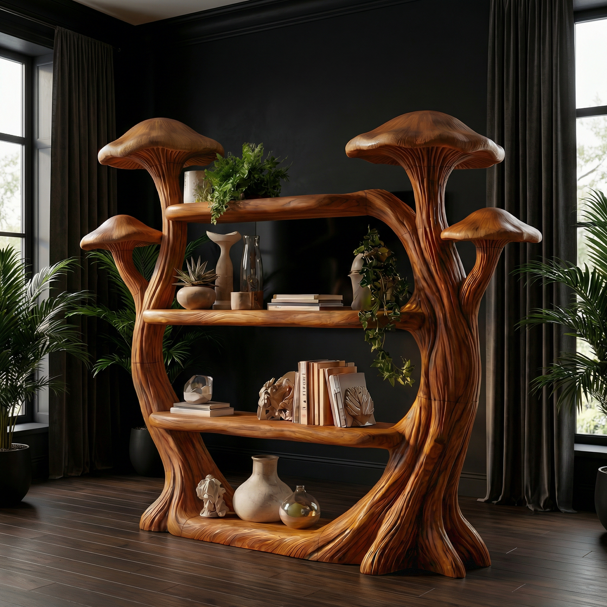 Natural Wood Mushroom Bookcase For Living Room And Reading Room