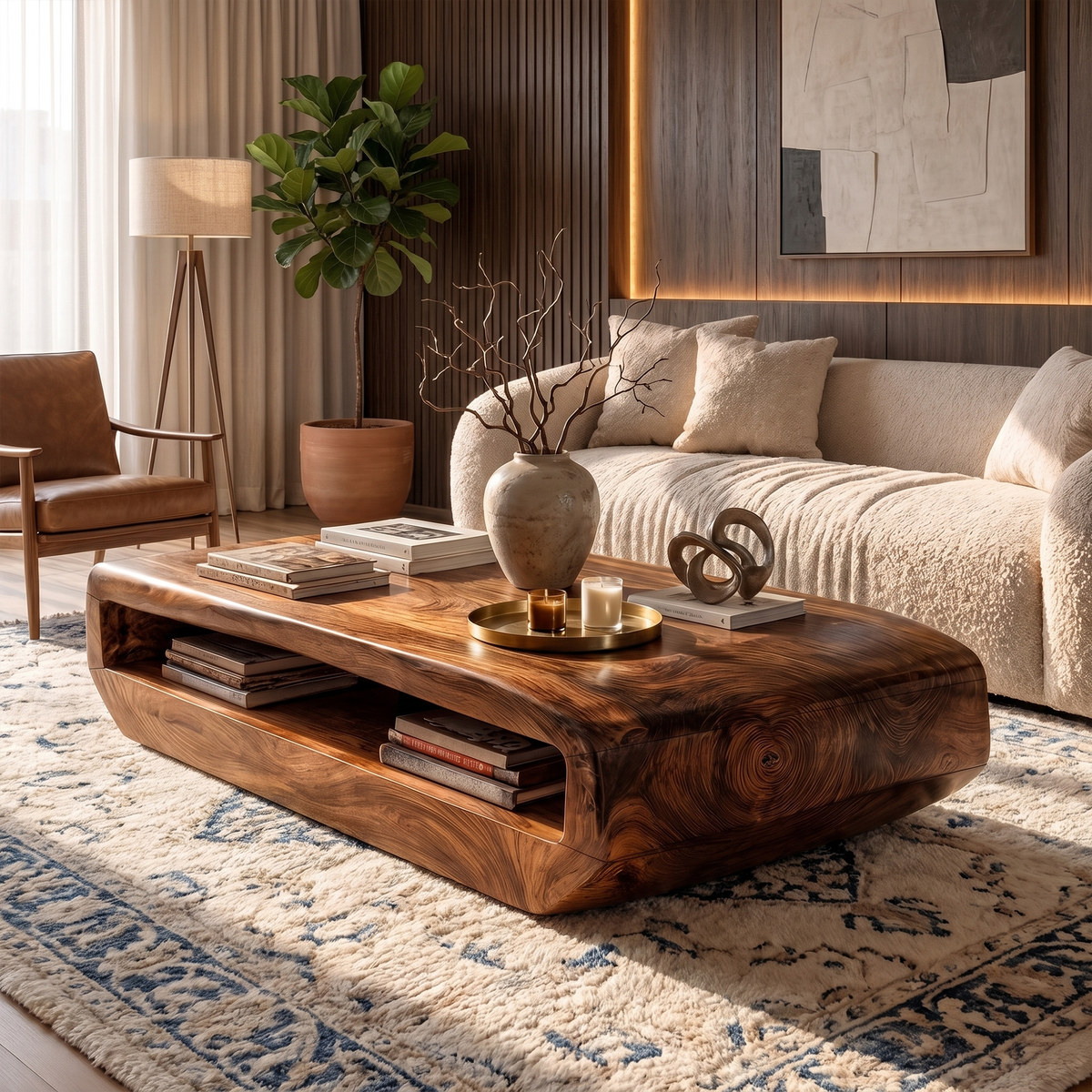 Rustic Natural Wood Coffee Table With Storage Shelf