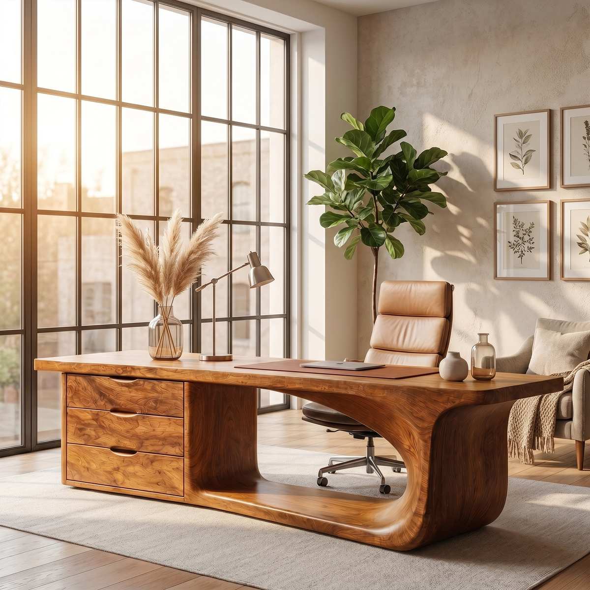 Rustic Executive Desk With Sculptural Solid Wood Base & Storage Drawers