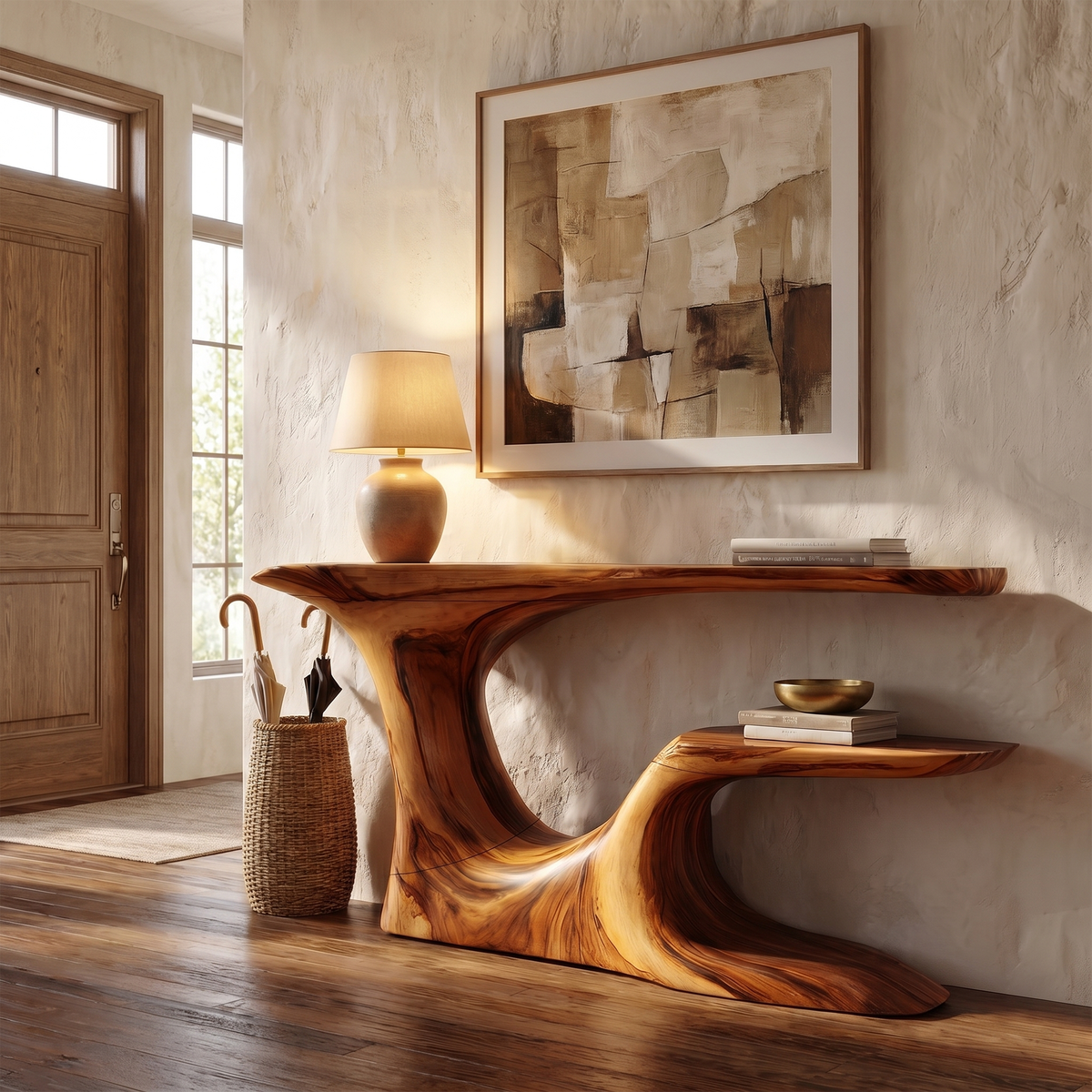 Rustic Organic Console Table With Live Edge Top & Sculptural Solid Wood Base