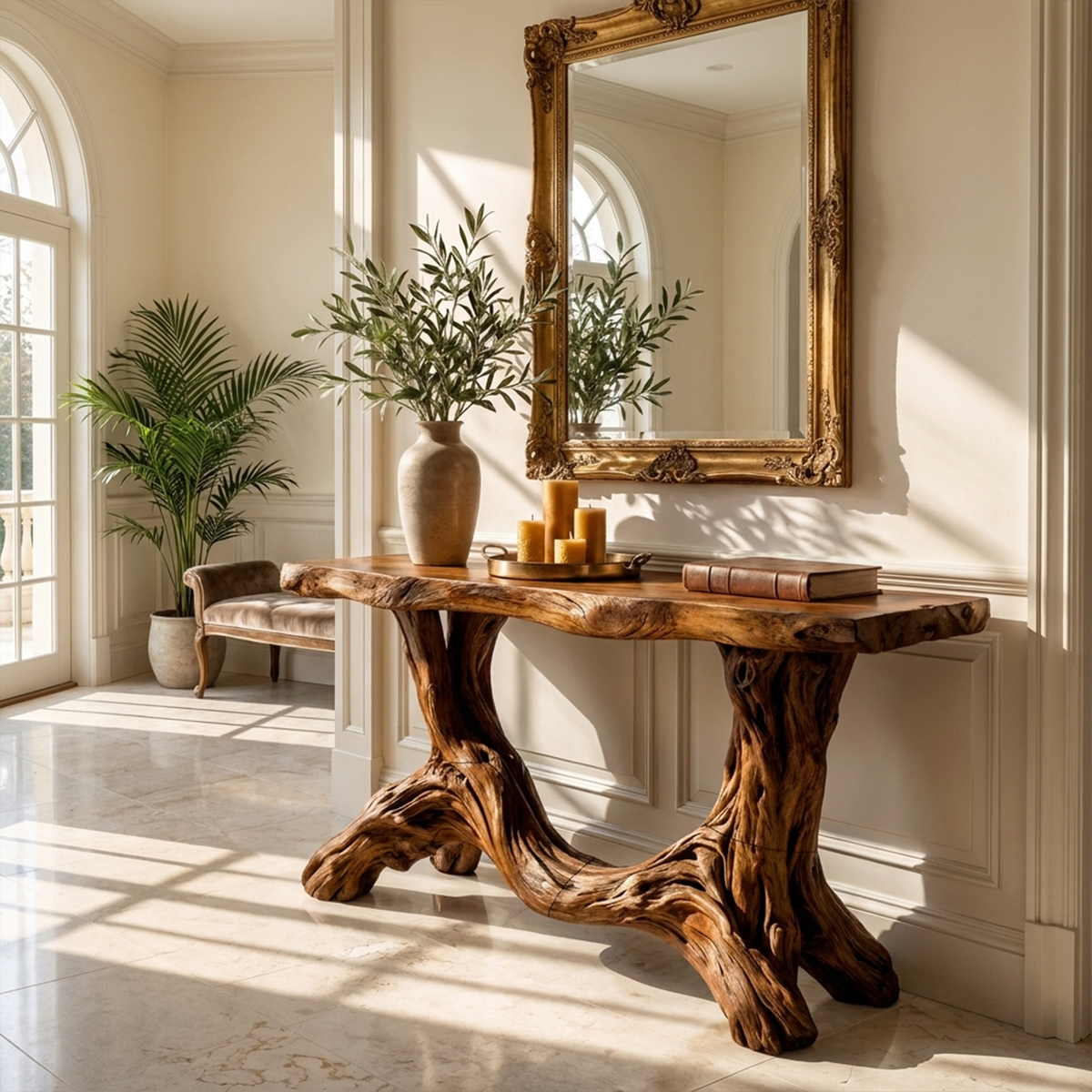 Sculptural Single Pedestal Wood Console Table