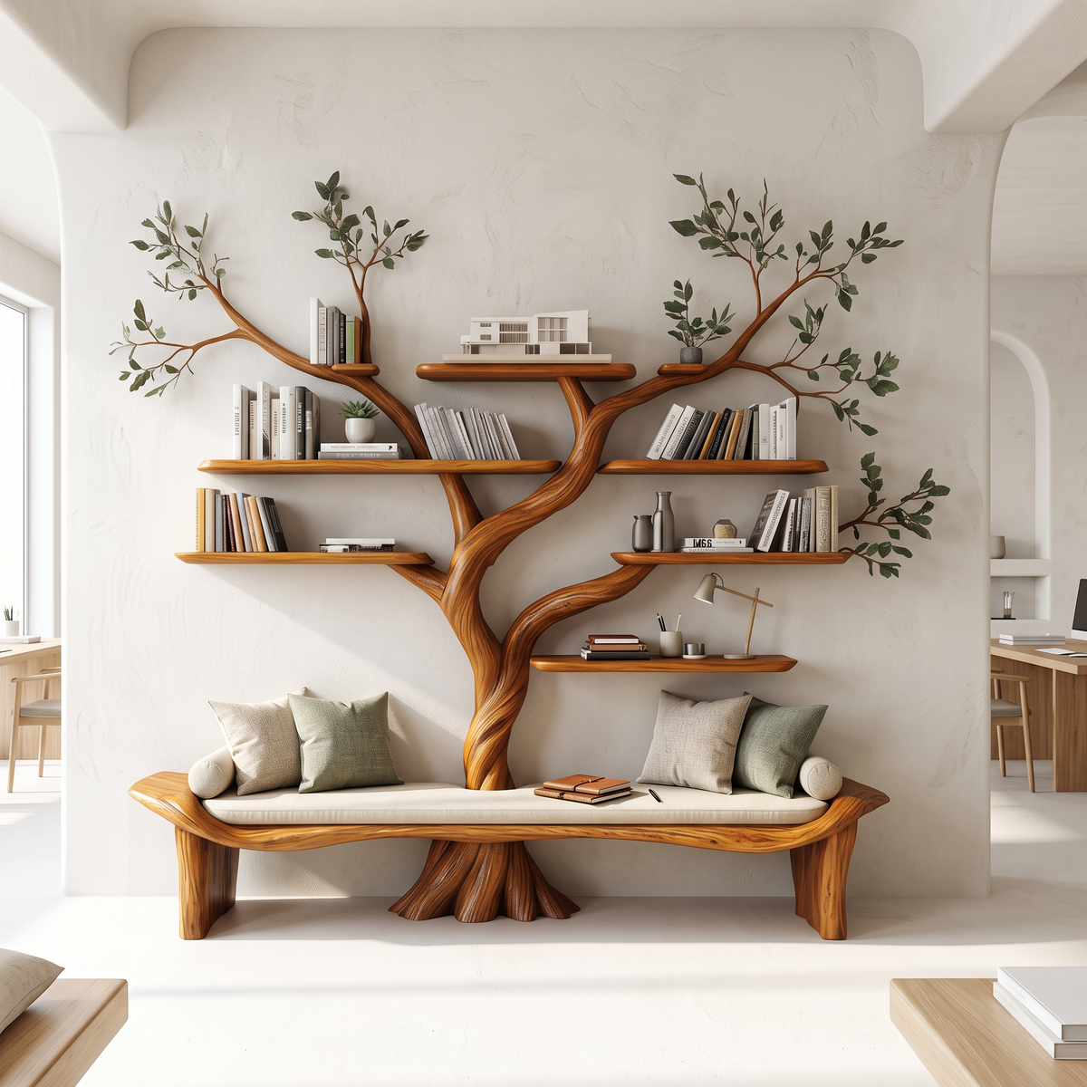 Rustic Sculptural Tree Bookshelf Bench Living Room Interior Statement Furniture
