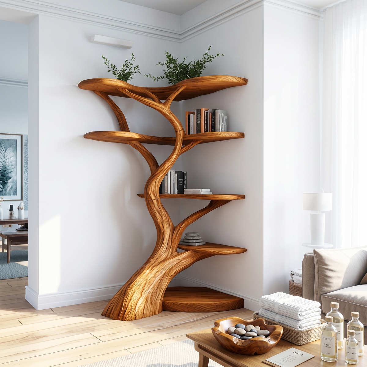 Rustic Tree Corner Shelf Living Room Or Bedroom