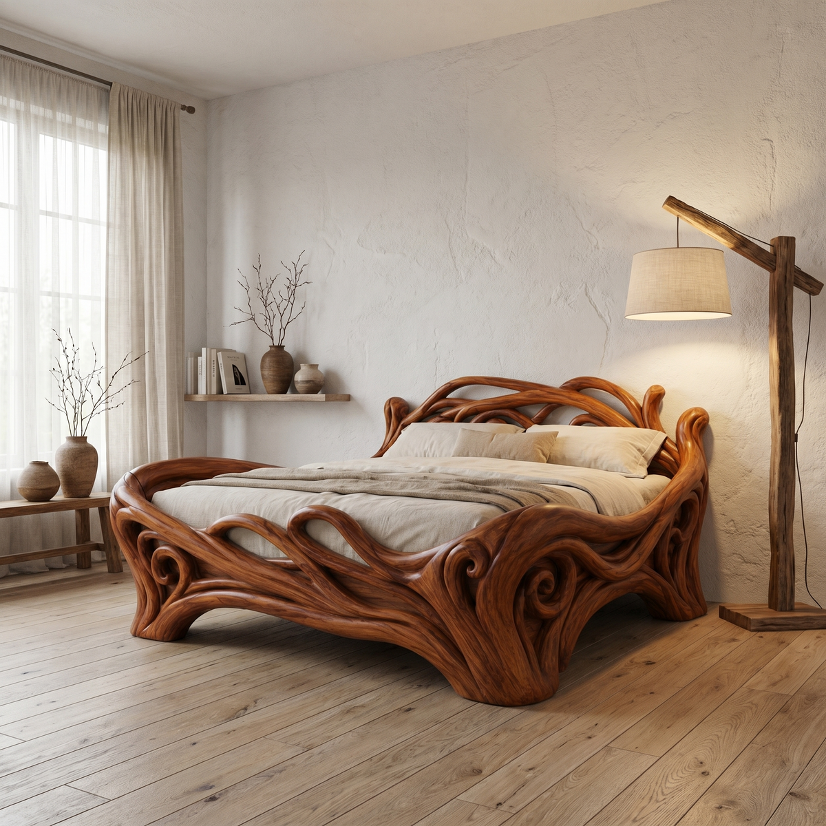 Organic Sculptural Bed Frame With Flowing Root-Inspired Wood Design