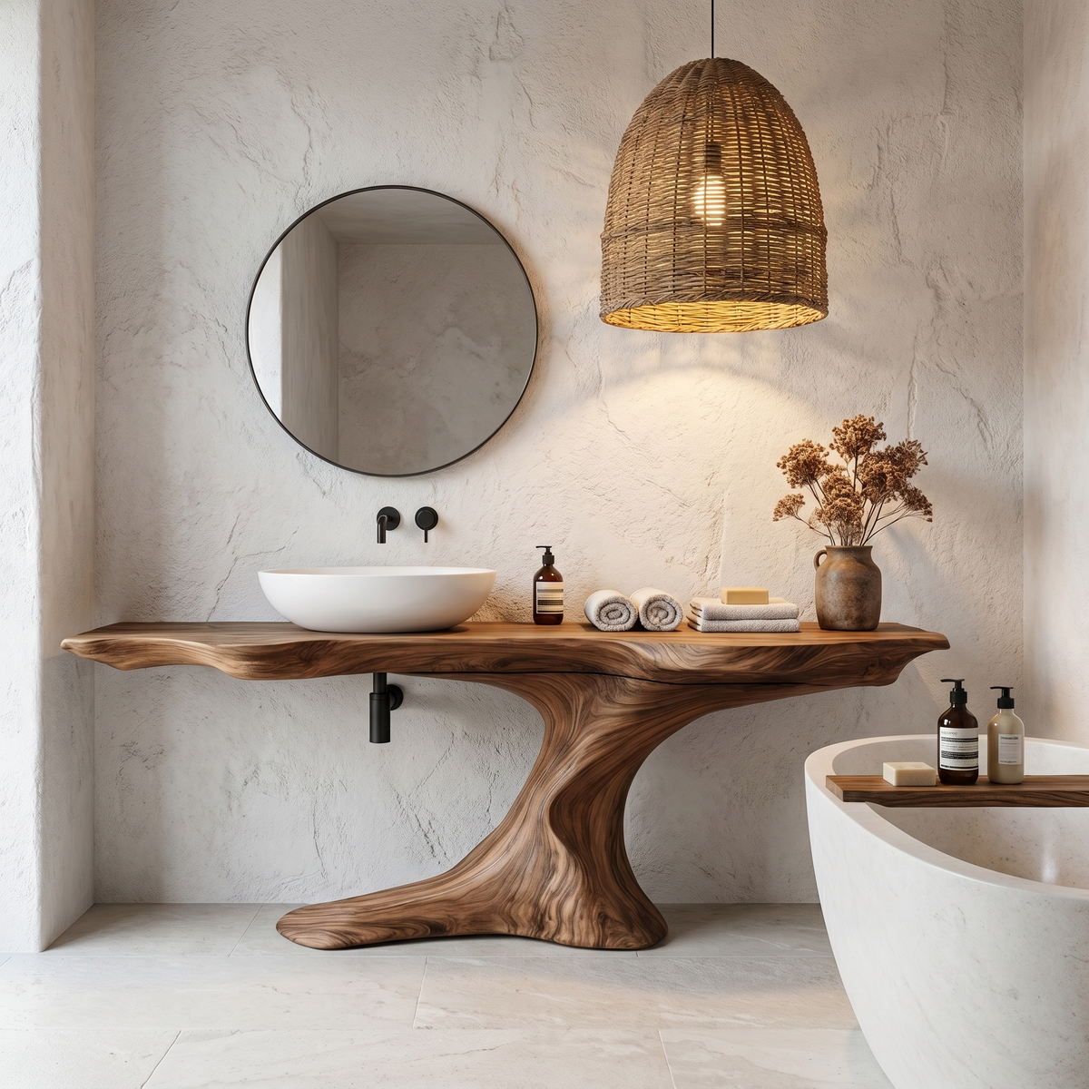Rustic Organic Bathroom Vanity With Live Edge Countertop & Sculptural Tree Root Base